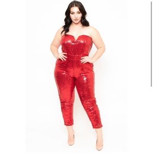 NWT Curvy Sense Plus Size sequin red jumpsuit- with pockets!